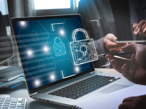 Digital lock icons displayed on a laptop screen.
