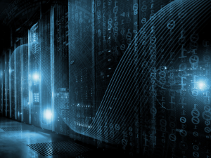 Advanced network infrastructure with digital monitoring displays.