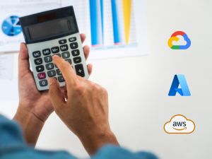 Person using calculator with cloud service logos Google Cloud, Azure, and AWS.