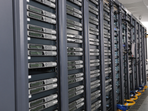 Modern energy-efficient server racks in a data center representing optimized IT infrastructure.