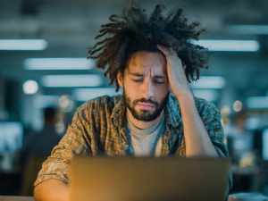 Frustrated employee experiencing computer slowdowns at work