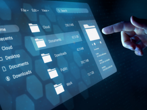 Digital touchscreen displaying cloud storage and file organization system