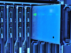 Blue-lit server rack hardware representing on-premise IT infrastructure for a small business