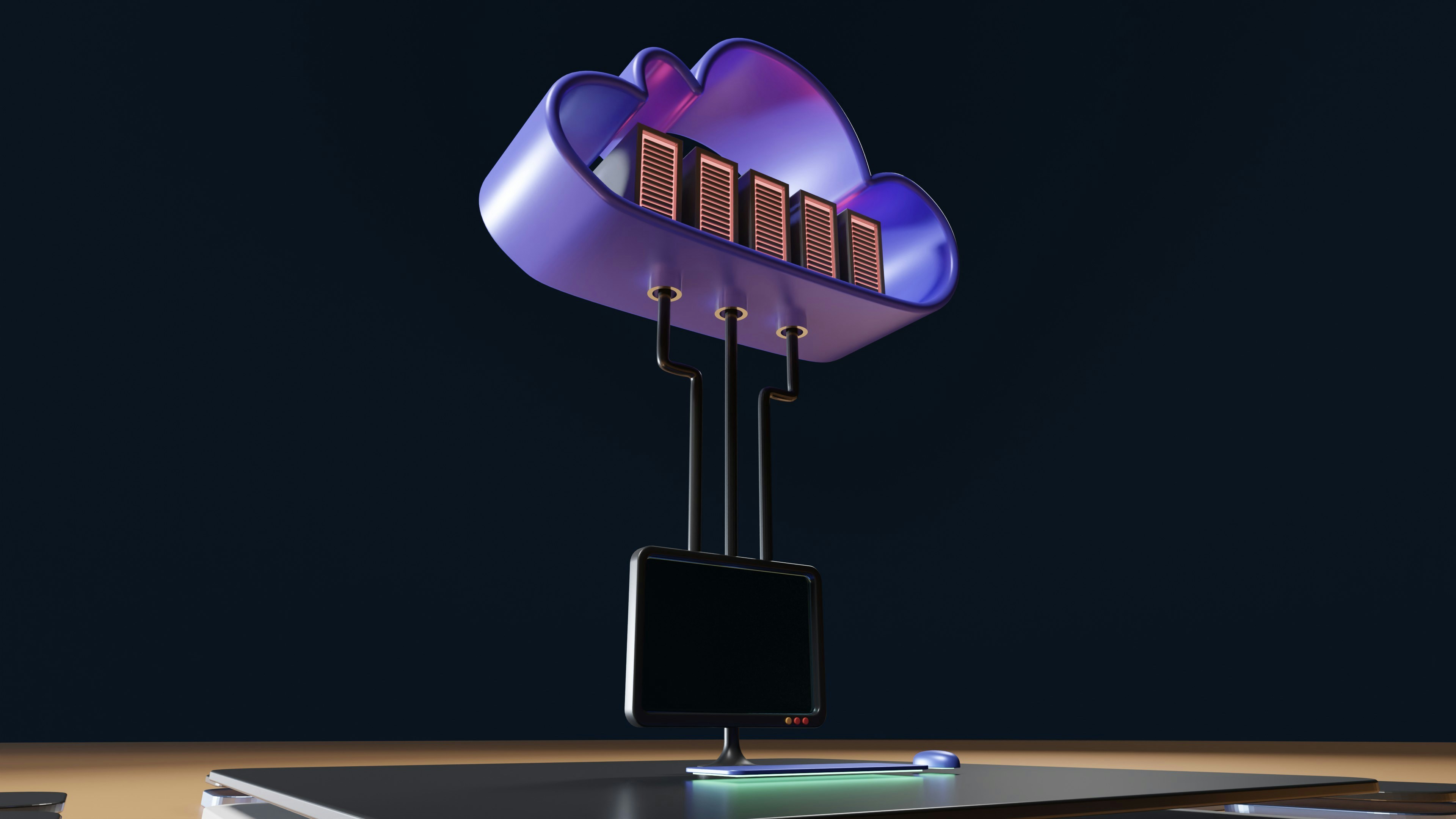 3D model showing computer connected to cloud with servers inside.